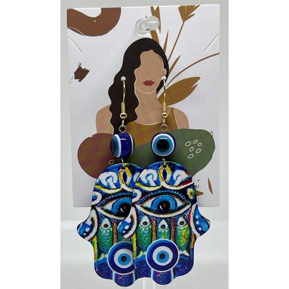 "Blue Hamsa" Evil Eye Earrings - Picture 2 of 2